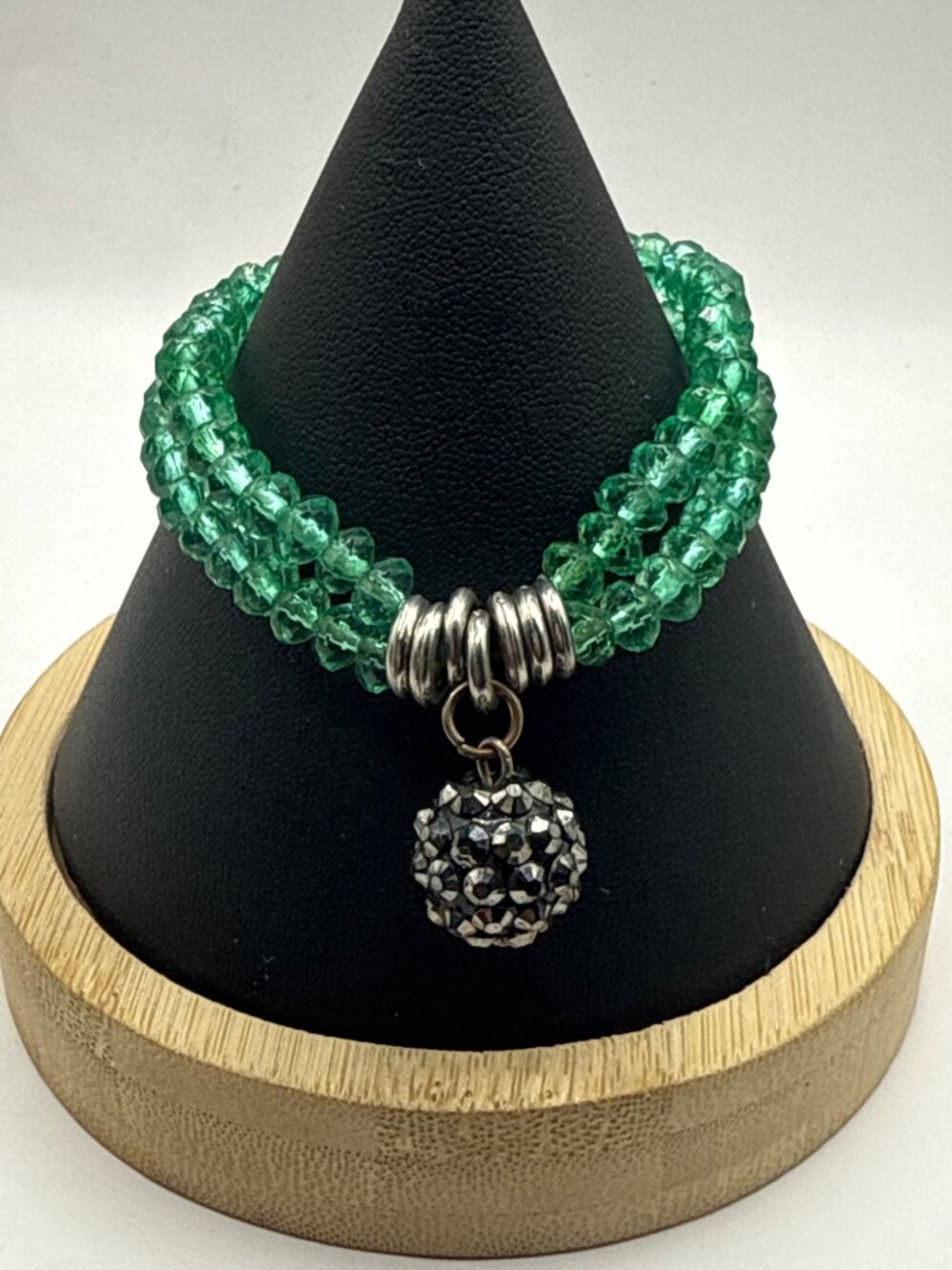 Green Faux Czech Crystal Faceted Double Strand Bracelet Silver Pave Ball Charm